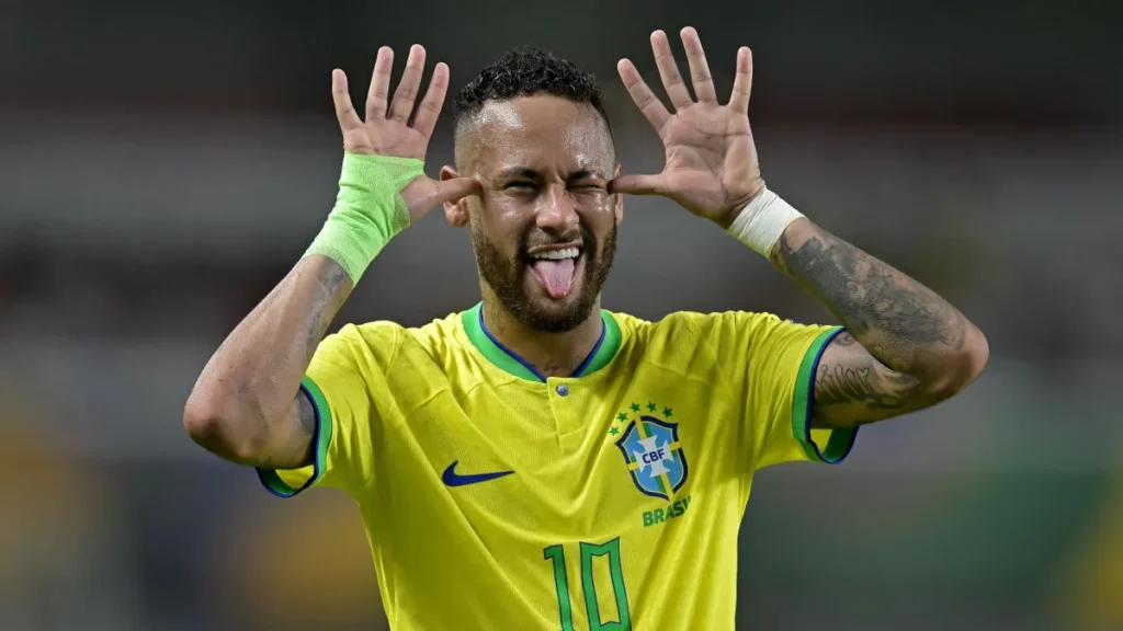 Neymar comemorando gol com a camisa do Brasil